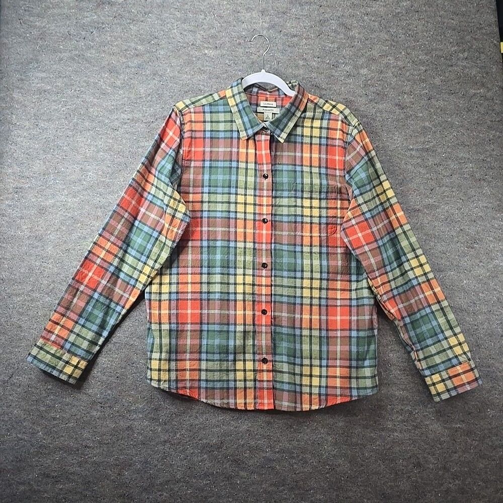 LL Bean Colorful Plaid Flannel Shirt Pocket 100% Cotton Womens Large Relaxed Fit
